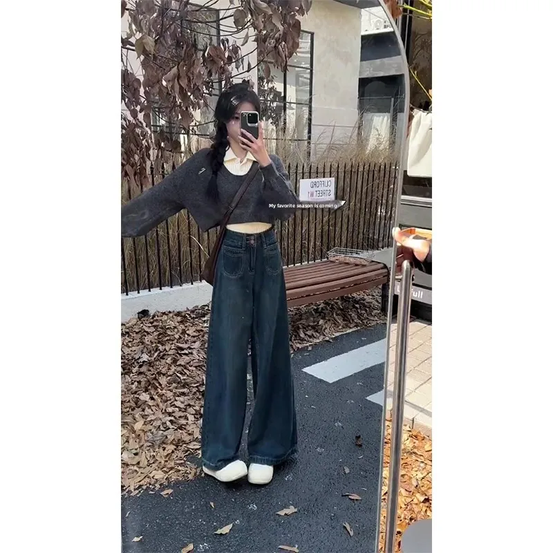 

College Style Short Neck Knitted Sweater Women's Autumn Winter High Waist Design Three Piece Set Wide Leg Jeans Top