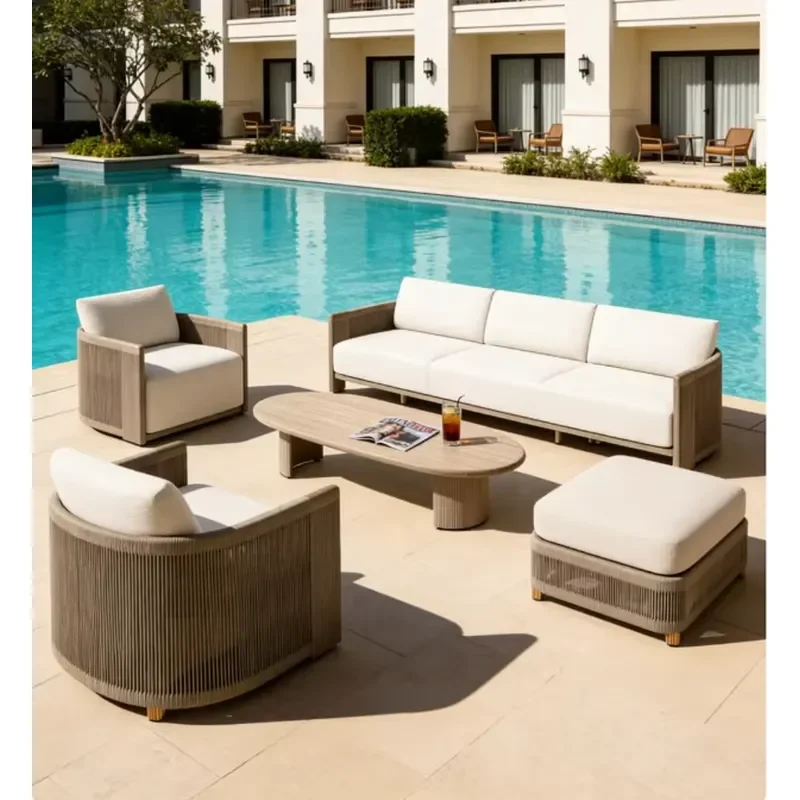 Teak Outdoor Sofa Set Waterproof Modern Garden Furniture for Hotel Villa Courtyard Project | Commercial Patio Lounge