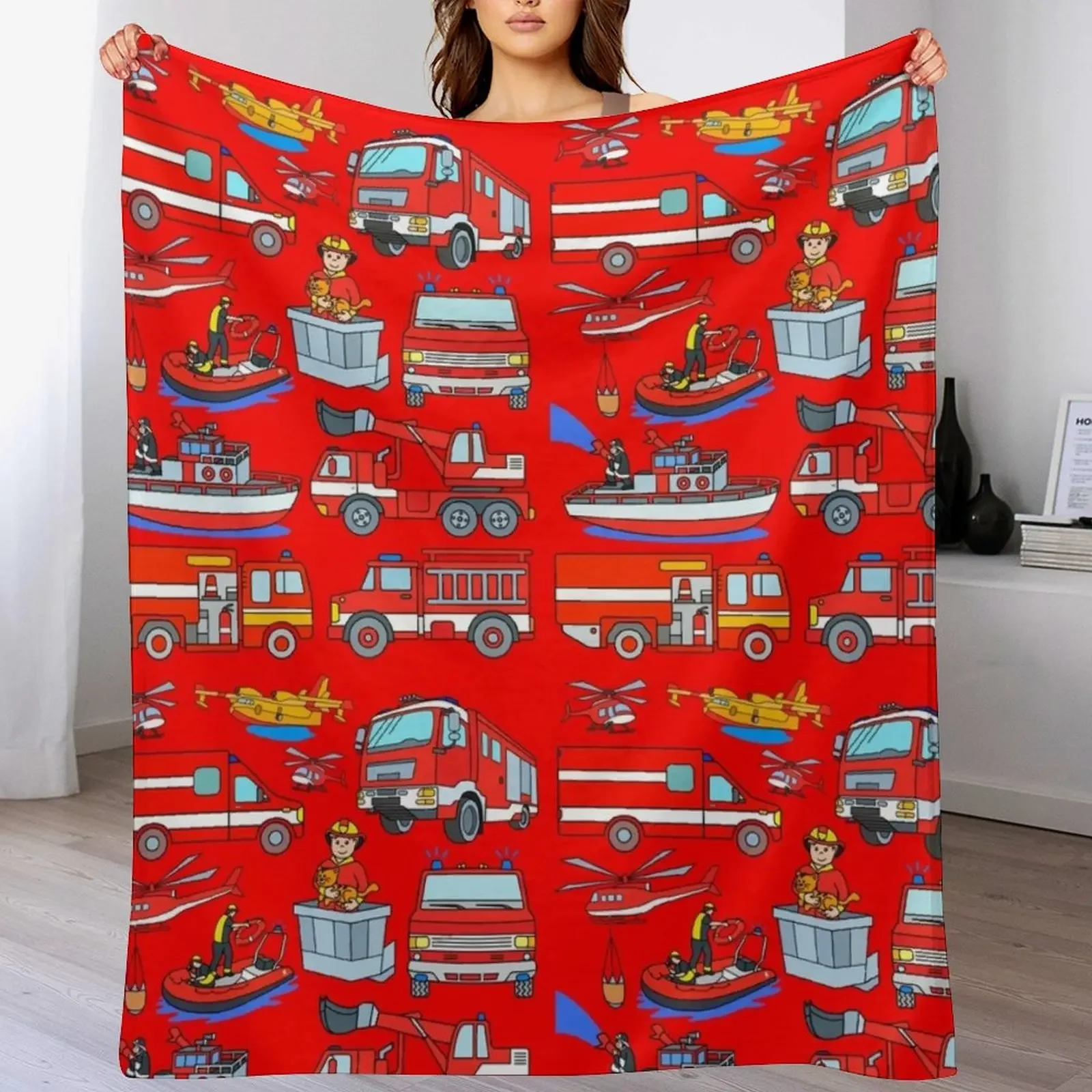 Fire Trucks for Kids Throw Blanket Warm Plush Fuzzy Blanket for Living Room