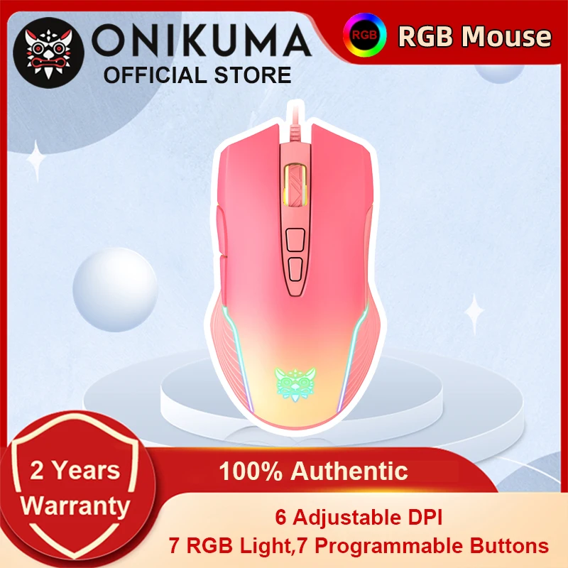 ONIKUMA CW905 Pink Gradient Wired Mouse 7 Porgrammable Buttons Adjustable 6400 DPI Precise Gaming Mouse for Computer PC Gamer