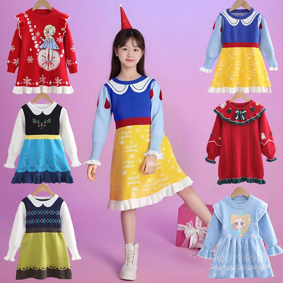 

Autumn Winter Girls Sweater Dress Children Princess Pattern Cute Long Sweater Dress Kids Snow White Elsa Theme Thick Dress