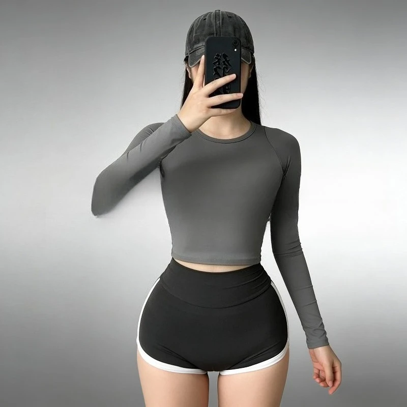 

2026 Новый укороченный бюстгальтер с длинными рукавами и крест-накрест на спине для занятий йогой в тренажерном зале и уличном стиле