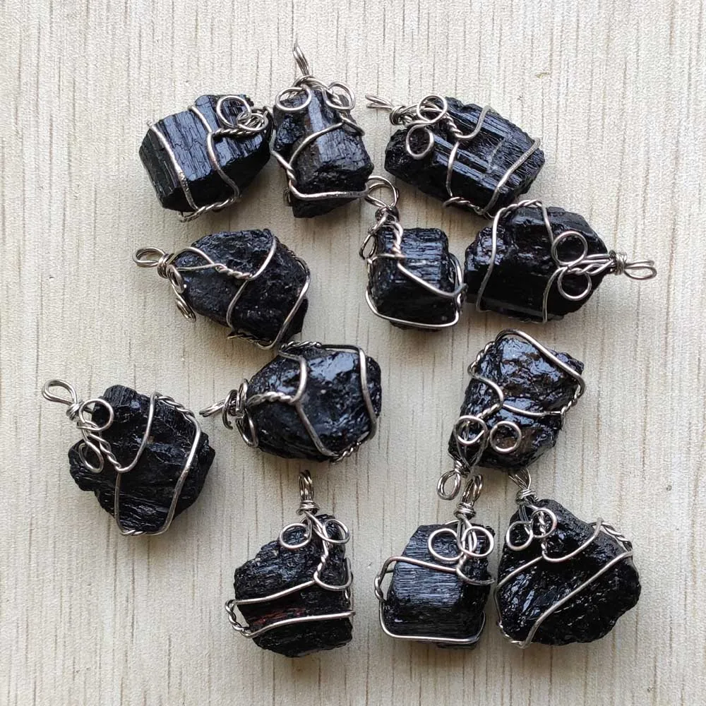 자연 검은 전기석 에너지 스톤 와이어 Wrappe 불규칙한 모양의 펜던트 쥬얼리 액세서리 만들기 도매 12 개/몫