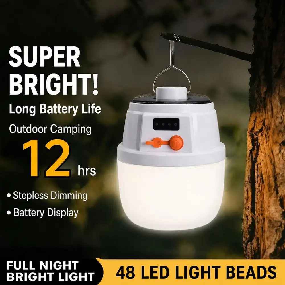 Solar USB Dual Charging Camping Light LED Emergency Bulb Hanging Tent Lamp With Power Indicator For Outdoor Hiking Market Stall