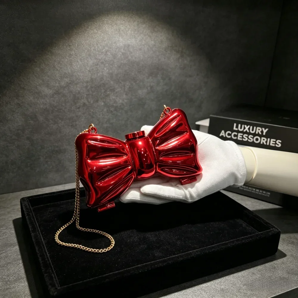 

Women Mini Evening Bag Shiny Structured Purse, Bowknot Star Shoulder Handbag with Chain Strap for Wedding Party