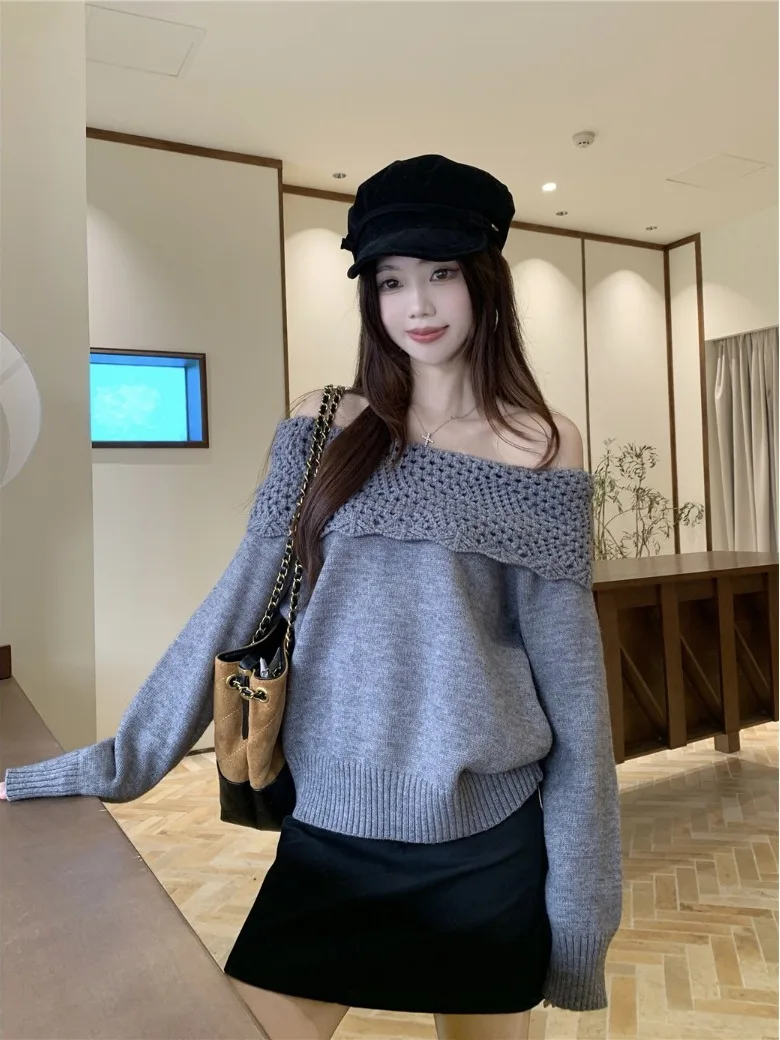 المرأة الخريف الشتاء الجوف خارج الدانتيل oulder محبوك سترة لينة مريحة الأبيض التعرض أعلى عالية الإحساس الحليب الجبن الأصفر #4