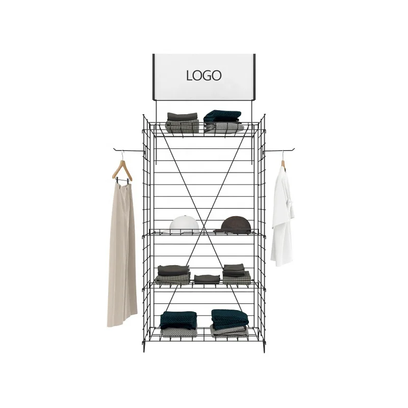 Custom. fashion dress shop iron powder stainless steel wire black stand clothing store display rack with storage