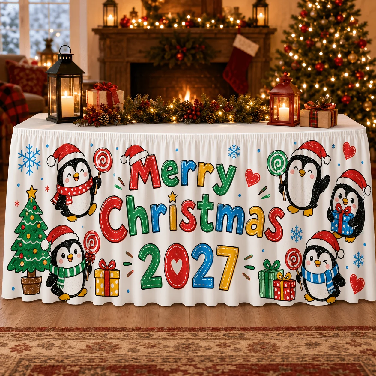 1 table skirt 2027 Merry Christmas, cute penguin wearing Christmas hat lollipop gift Christmas tree snowflake tablecloth