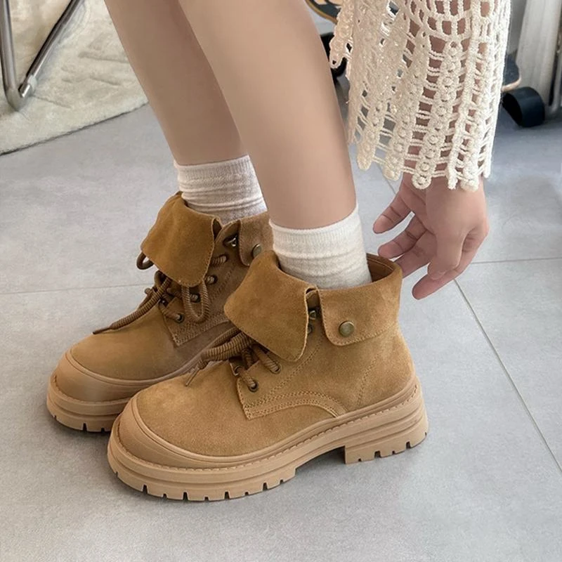 

2024 Autumn Ankle Boots For Big Kids Girls,Solid Khaki Apricot Fashion Motorcycle Boots For Woman,Child Turned-over Edge Boots