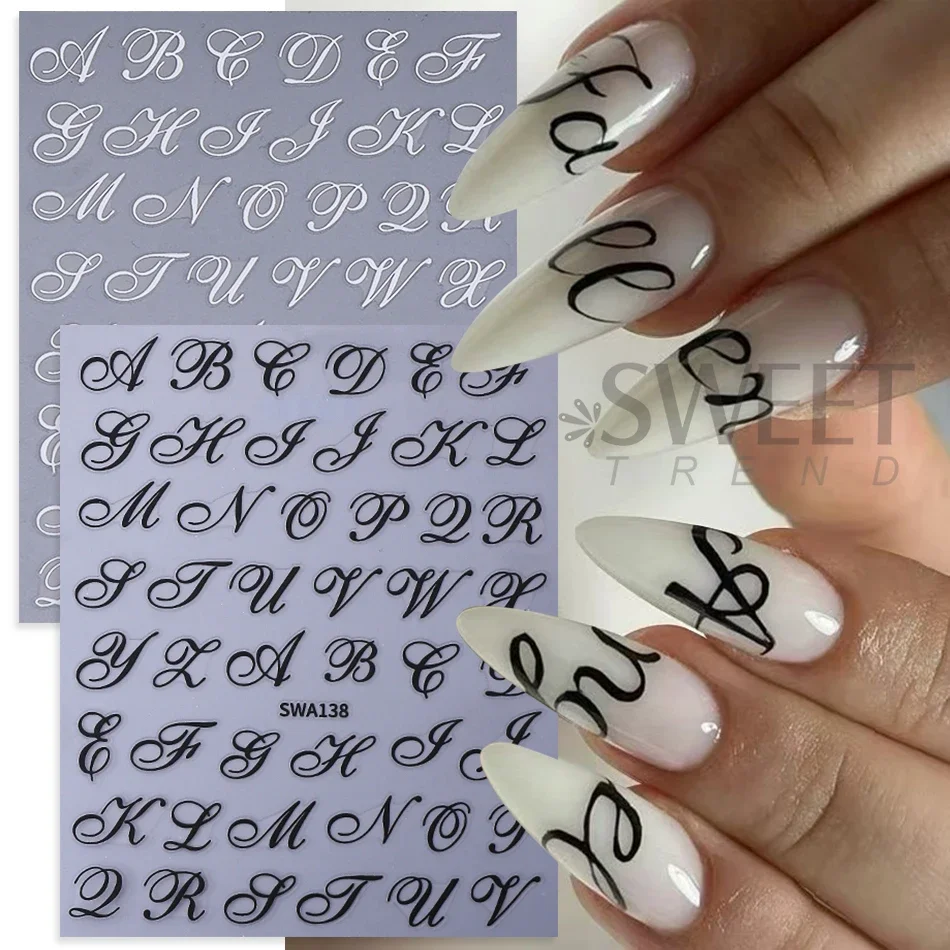 4pcs Gothic Letter Nail Sticker Y2K Cool Design Black White English Alphabet Adhesive Nail Decal DIY Manicure Decoration Sliders 3