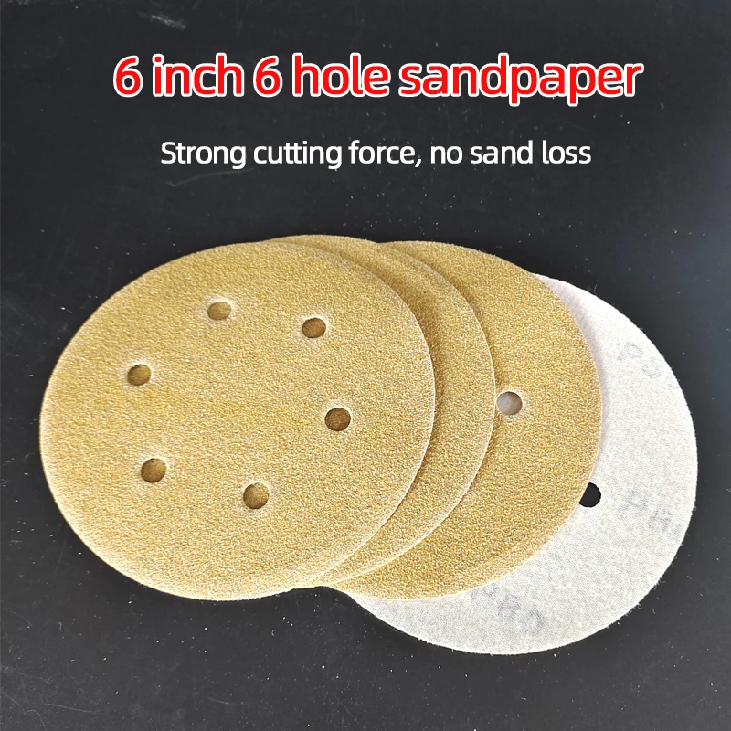 150mm 6-Hole Dry Sandpaper Disc Self-Adhesive Flocking for Auto Woodware Sanding Polishing 80-600 Grit Hardware