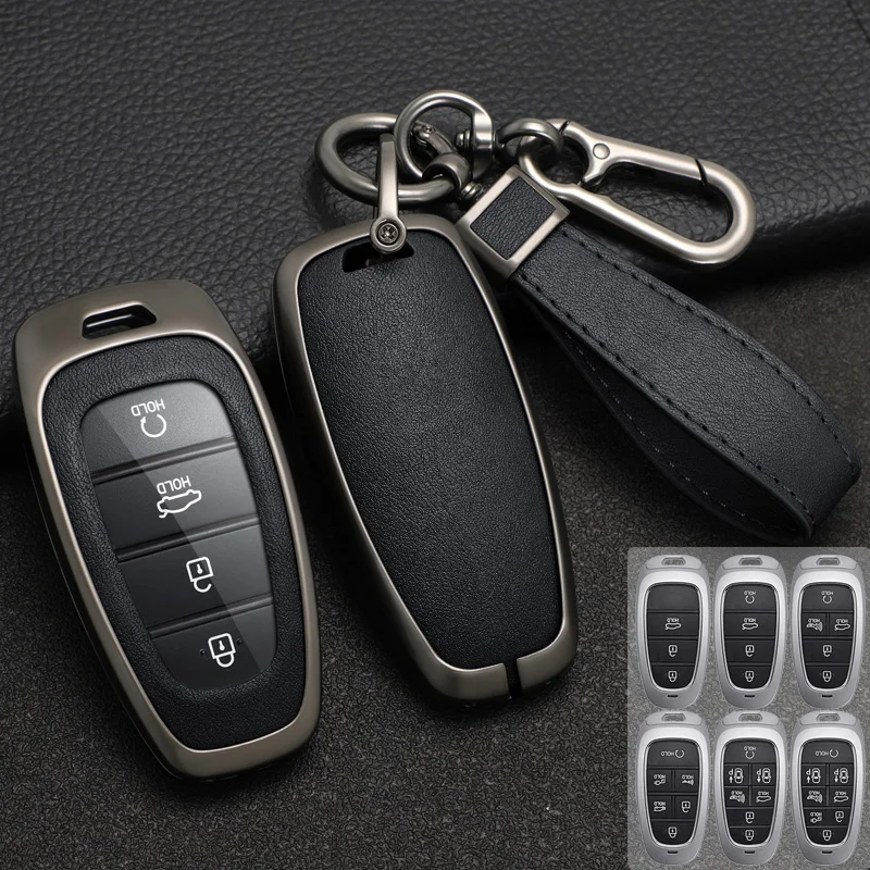 

Zinc Alloy + Leather Car Key Case Cover for Hyundai Solaris Sonata Hybrid NEXO NX4 New Grand Santa Fe Tucson 2020 2021 2022 2023