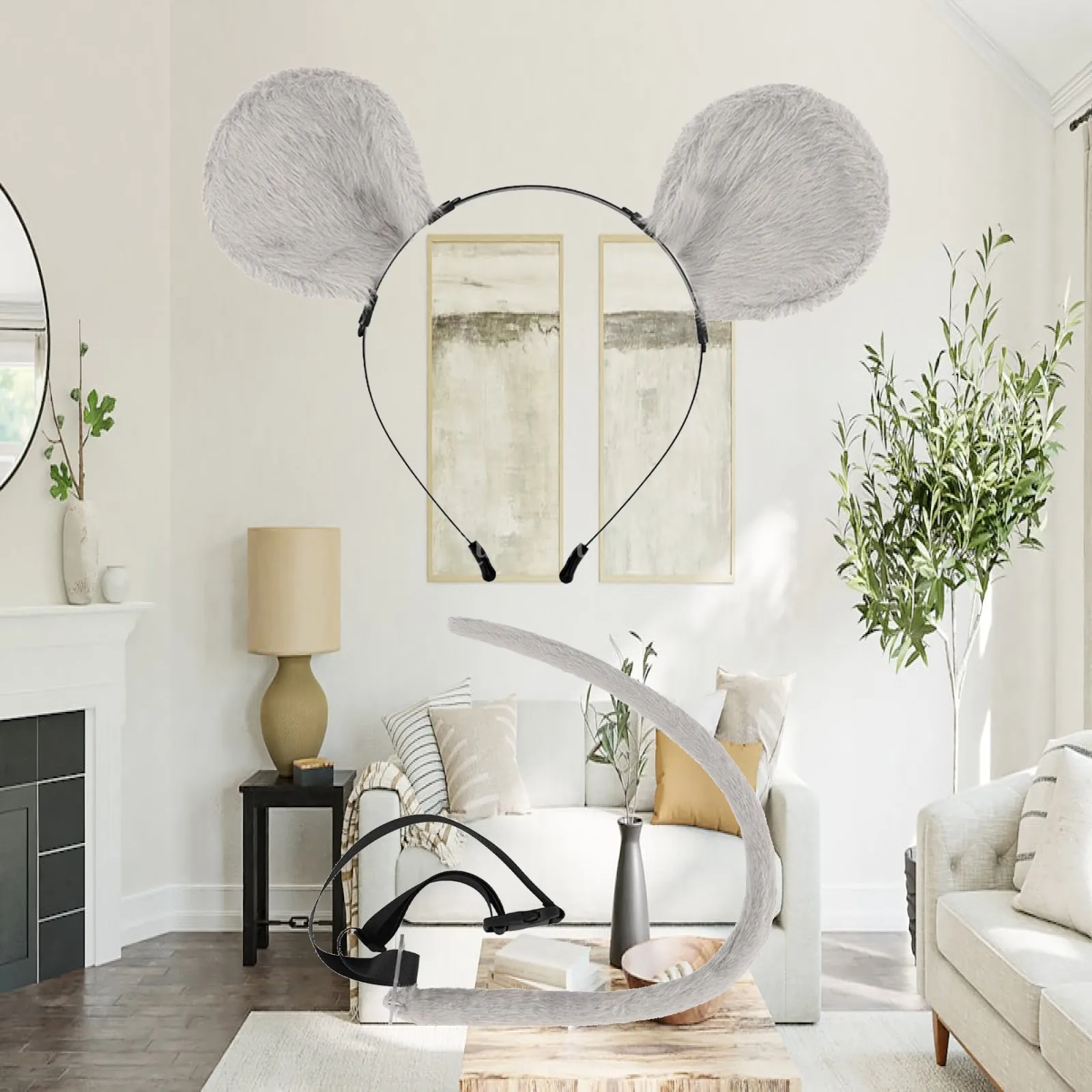 Plush Mouse Ears and Tail Set for Women Girls Halloween Cosplay Party Animal Costume Accessories with Hair Hoop Fancy Dress