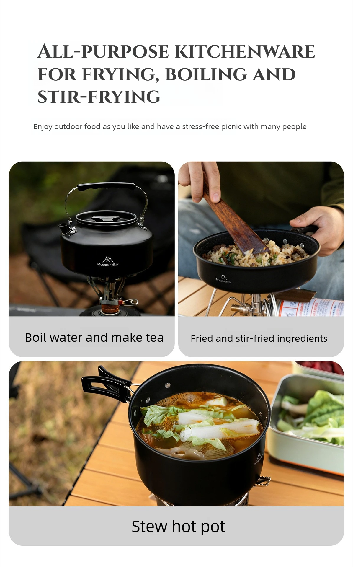 MOUNTAINHIKER Camping-Kochgeschirr-Set Outdoor-Bratpfanne Tragbarer Wasserkocher Faltbares Picknick-Geschirr Küchenutensilien Kochutensilien – Detail 3