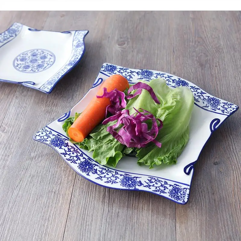 Plato de cerámica azul y blanco pintado a mano, vajilla de decoración Irregular para ensalada de frutas, cena, hogar, Hotel, restaurante