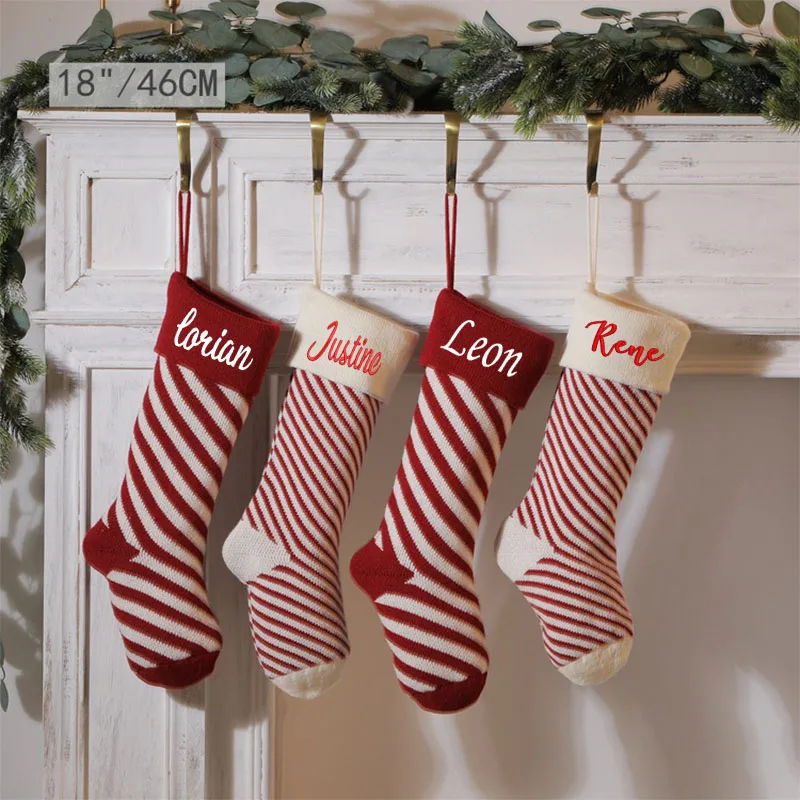 Knitted Christmas Gift Bag Decorative Socks Personalized Embroidery Name Wool Christmas Socks Pendant Diagonal Stripe Gift Bag