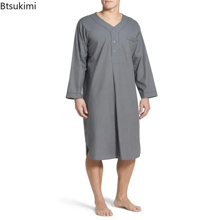 ใหม่ผู้ชาย Night Robe หลวม V คอยาวแขนยาว Nightgown ผ้าฝ้าย Comfort Tops Casual Homewear ชายมุสลิมเสื้อผ้า Jubba Thobe