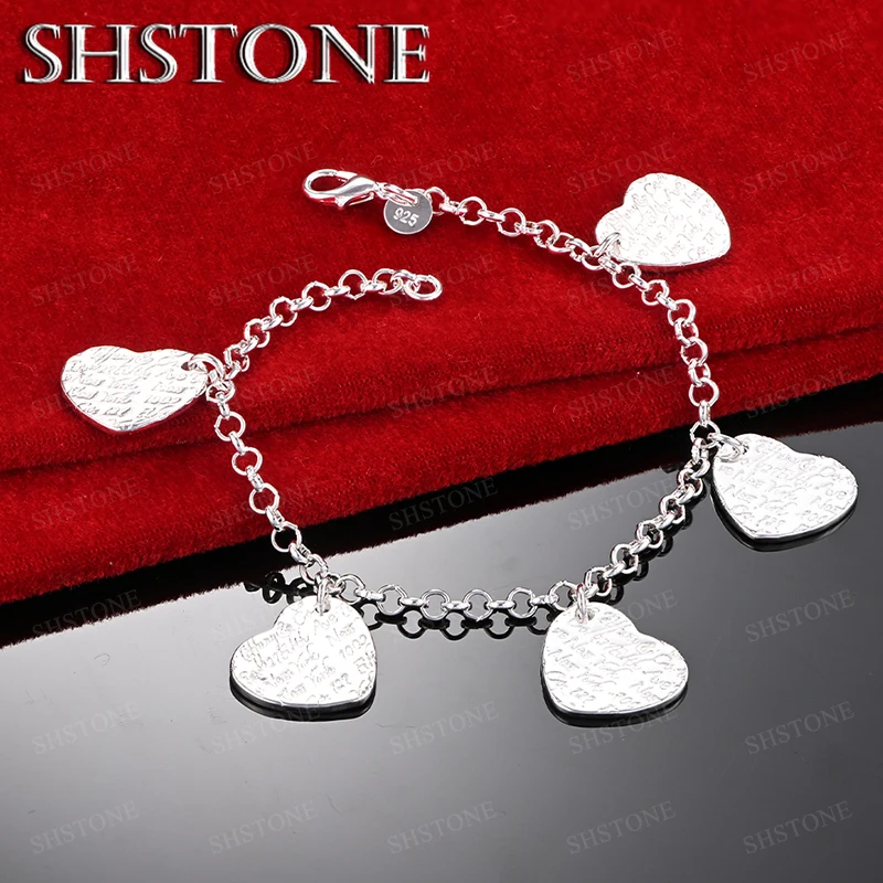 Nice 925 Sterling Silver Five Heart Pattern Chain Bracelet For Women Party Birthday Gifts Lady Fashion Charm Jewelry Accessories