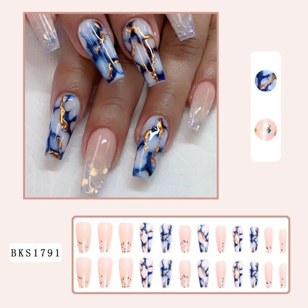 Acrílico Bailarina Unhas Falsas Set, Falso Nail Art Suprimentos, Longo Francês Caixão Dicas, mármore azul, Faux ongles Imprensa, Acessórios