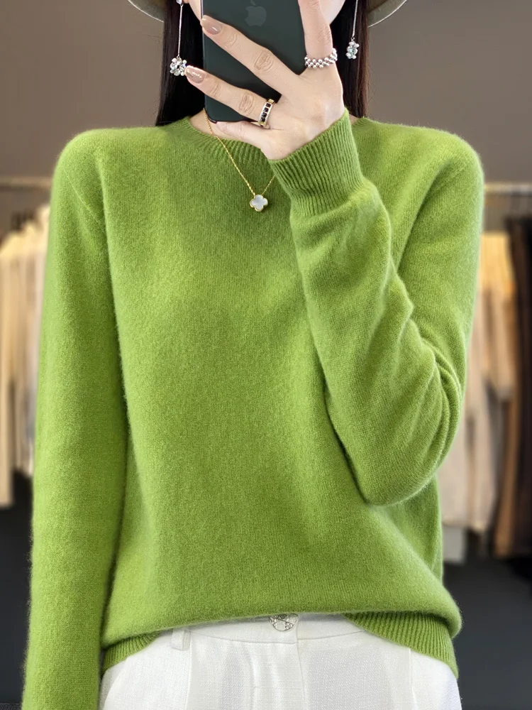 Sweater wanita lengan panjang, Atasan kemeja dasar wol Merino 100% leher O Pullover musim gugur musim dingin