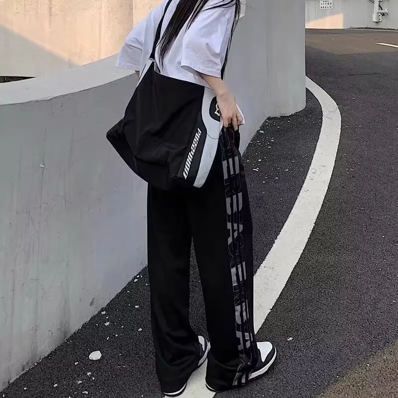 

Work style large patch bag wide leg pantsFemale dopamine for women dopamine pink loose sweet cool drawstring loose casual pants