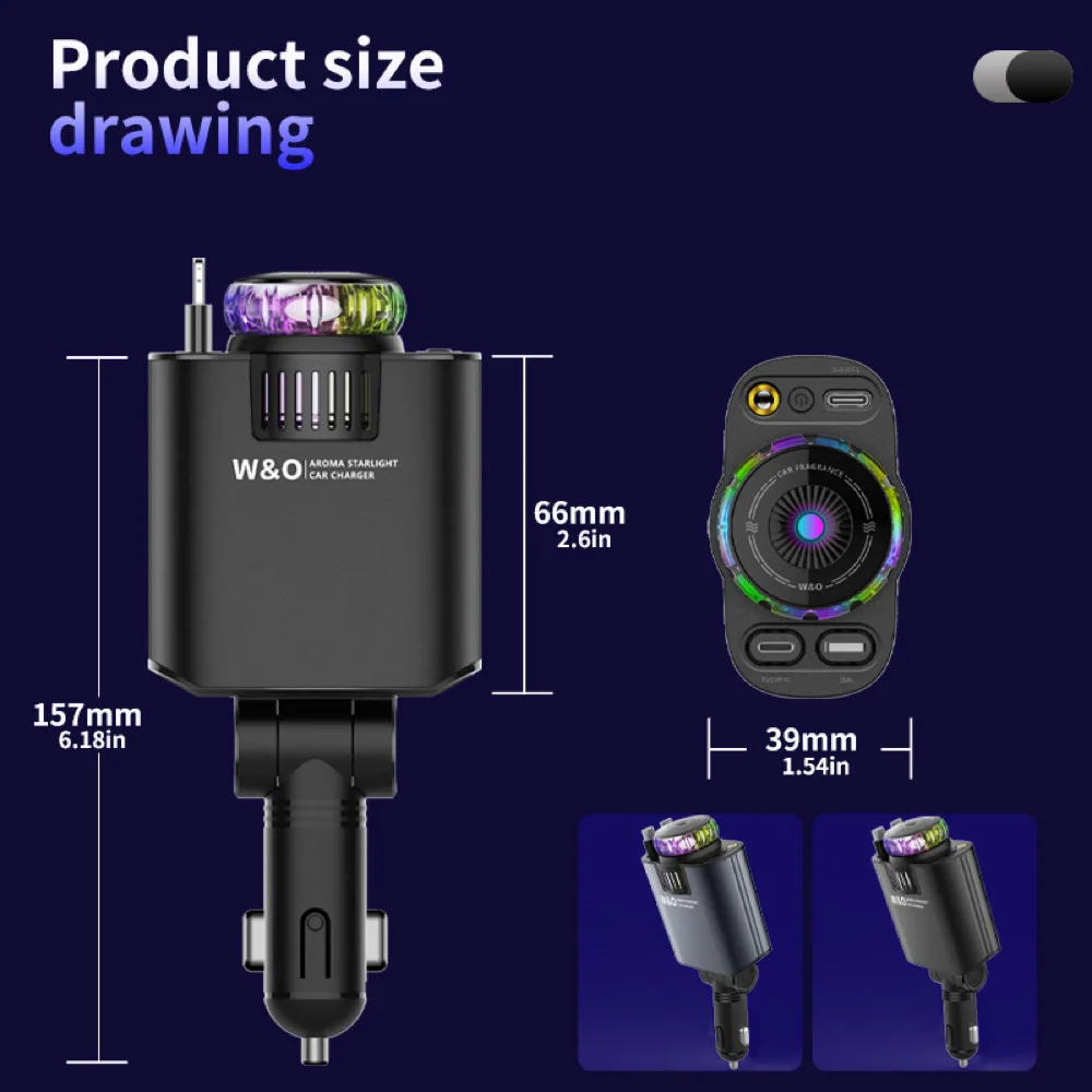 696 novo carregador de carro rápido 45w com porta usb céu estrelado projetor ambientador duplo cabo de carregamento retrátil para vários modelos