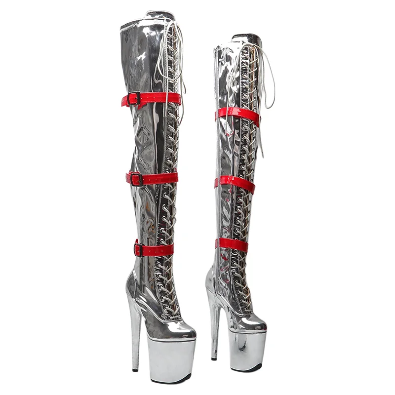 

Leecabe 20CM/8inches Shiny silver with Red Belt style Fashion trend party platform High Heel stripper heel Pole Dance boot