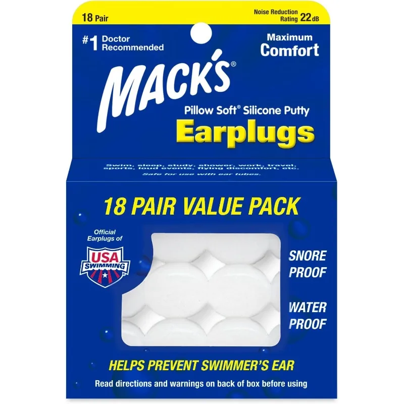 

Mack's Pillow Soft Silicone Earplugs, 18 Pair - The Original Moldable Silicone Putty Ear Plugs for Sleeping, Snoring, Swimming,