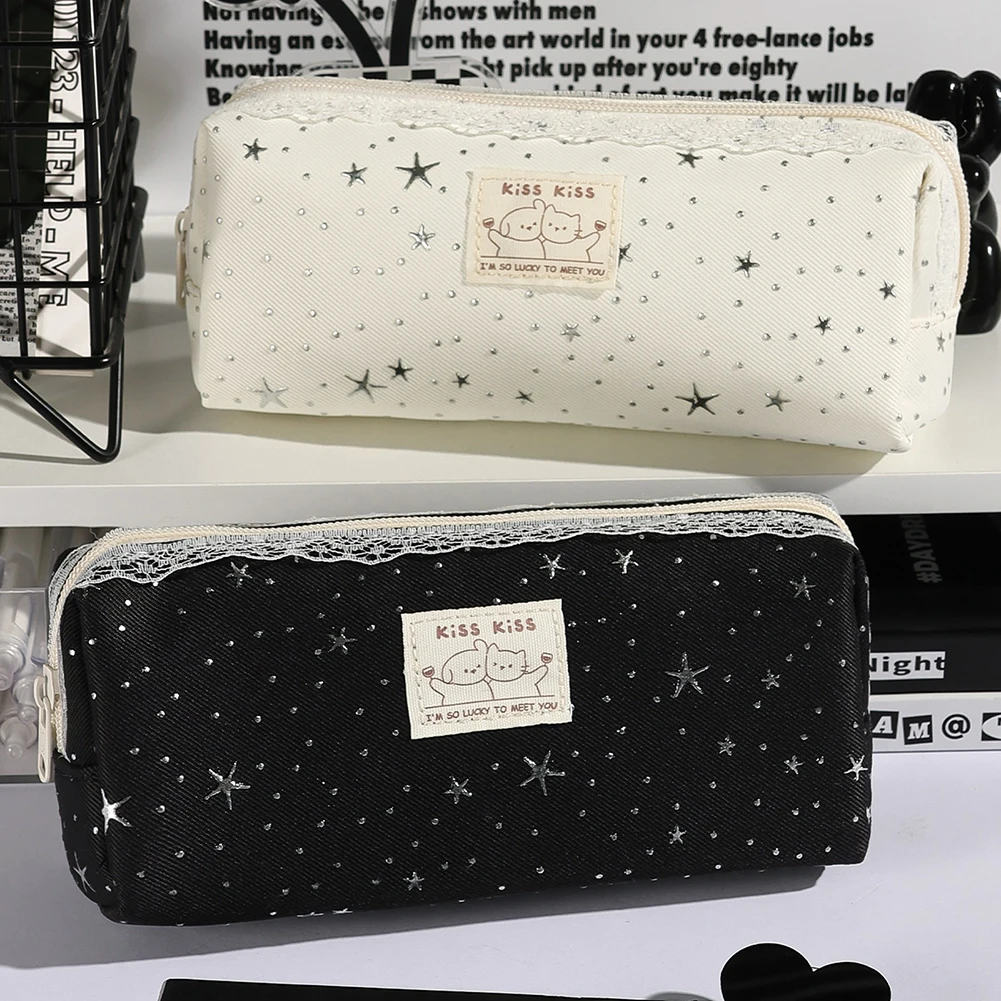 Star Pattern Fabric Pencil Case,Cute Korean Style Pen Bag,Large Capacity Zipper Pencil Storage Pouch School Supply Organiser