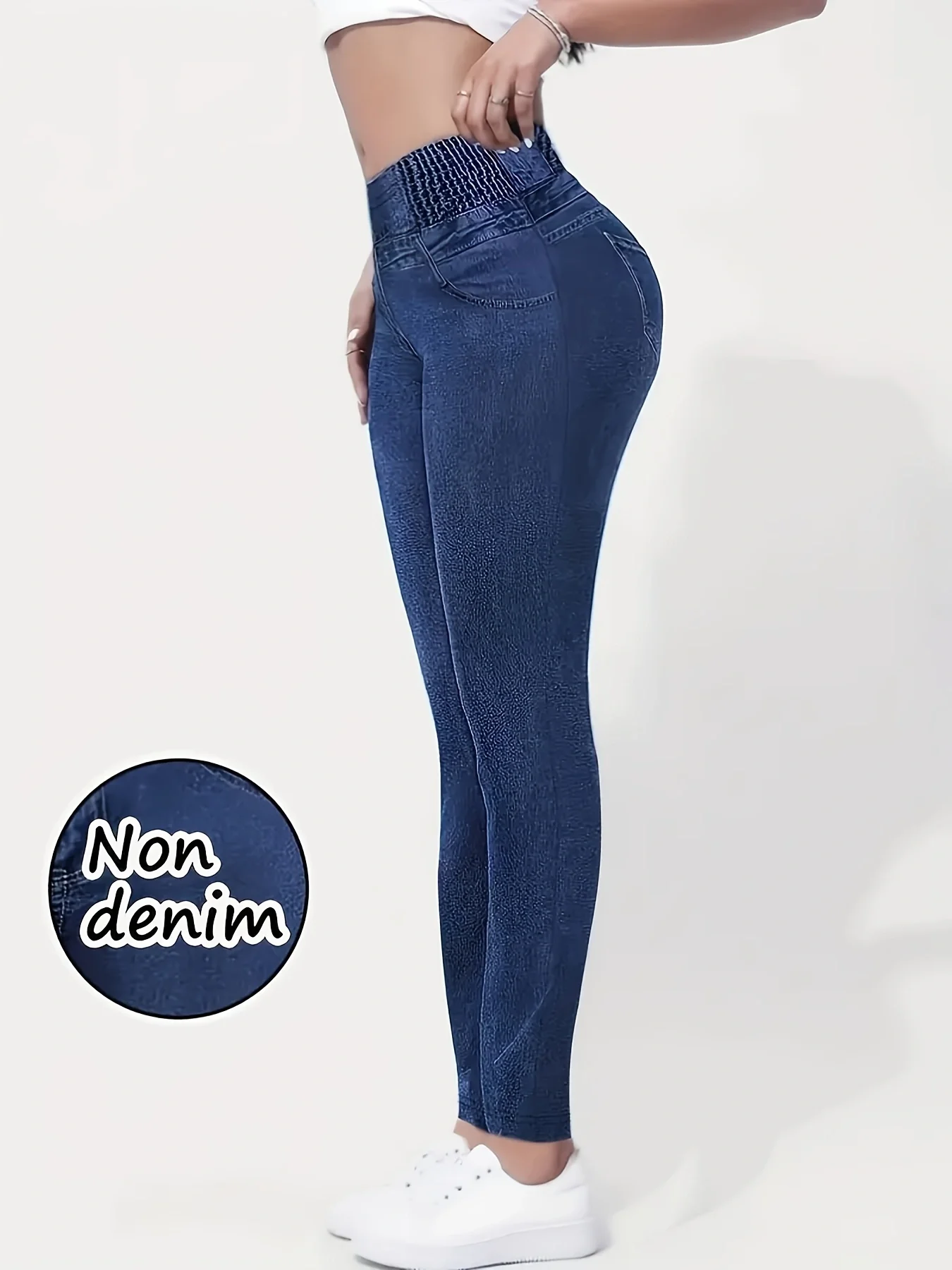 Bedruckte Damenleggings, kein Denim-Stoff, Design mit Scheintaschen und Knöpfen, hochelastische, modische, schmal geschnittene, lässige Skinny-Hose – Detail 2