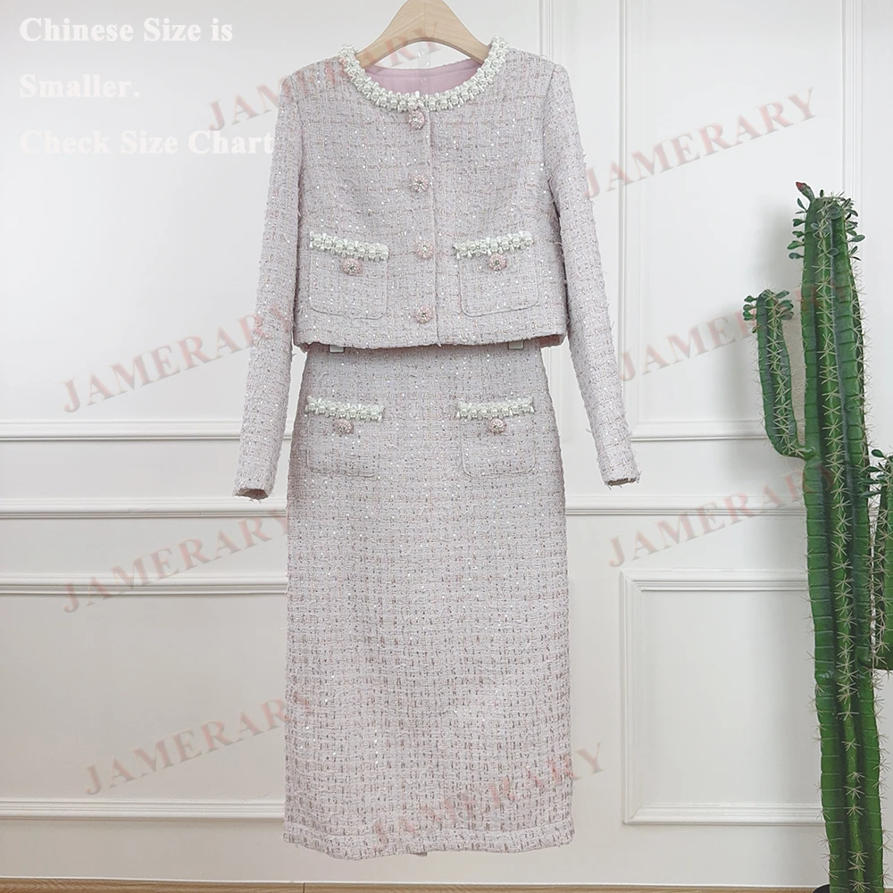 

Runway Fancy Autumn Tweed Two Piece Set Women Pearl Bead Jacket Coat Sheath Long Skirt Retro Lady Winter Clothing Midi Dress