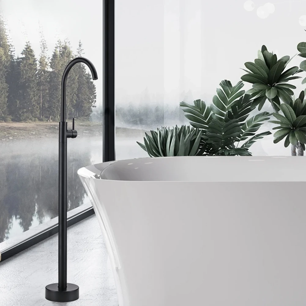 

Bathroom Matte Black Bathtub Shower Faucet Round Floor Stand Mixer Single Handle Hot Cold Water Tap