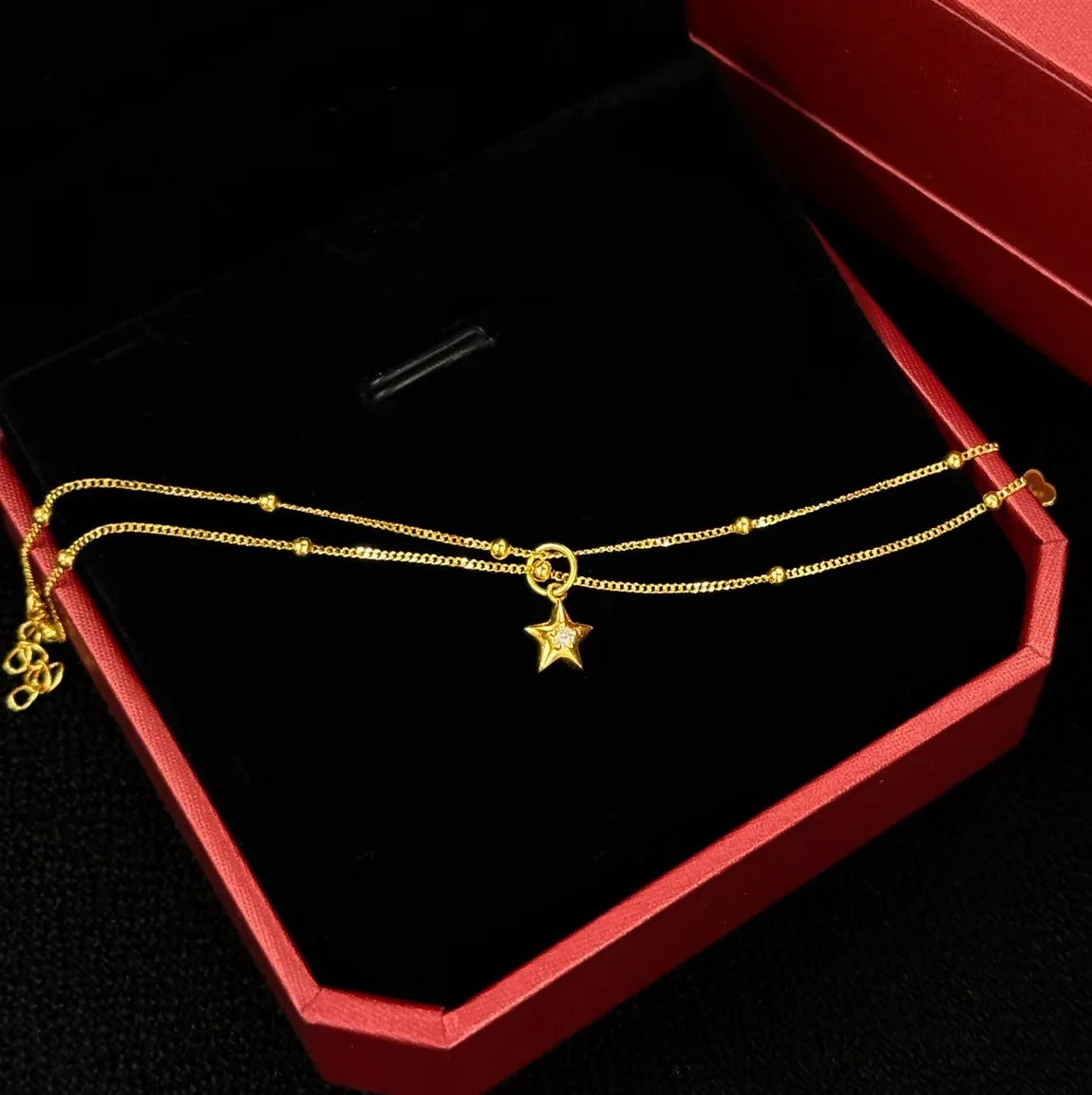 9999 Gold Double Layer Fine Chain Five-Star Pendant Bracelet for Women, Suitable for Small Wrists, High Appearance Quality,