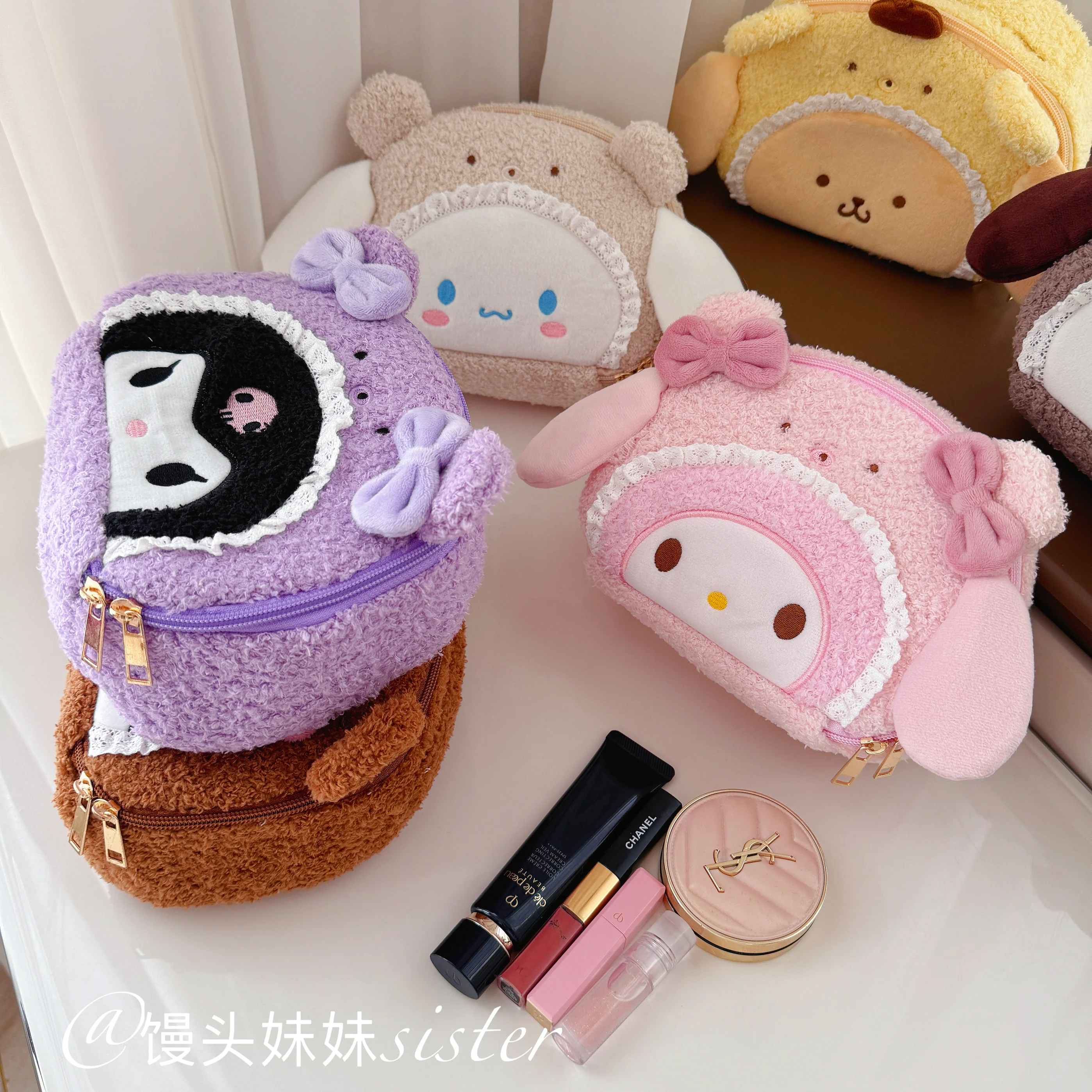 Sanrio Cinnamoroll Cosmetic Bag Kuromi My Melody Hello Kitty Plush Bag Large Capacity Pochacco Travel Cosmetics Storage Bag Gift