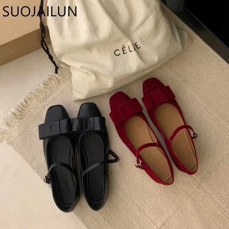 SUOJIALUN 2024 Spring New Women Flat Shoes Fashion Red Bow-knot Ladies Elegant Ballerinas Shoes Round Toe Dress Mary Jane Shoes