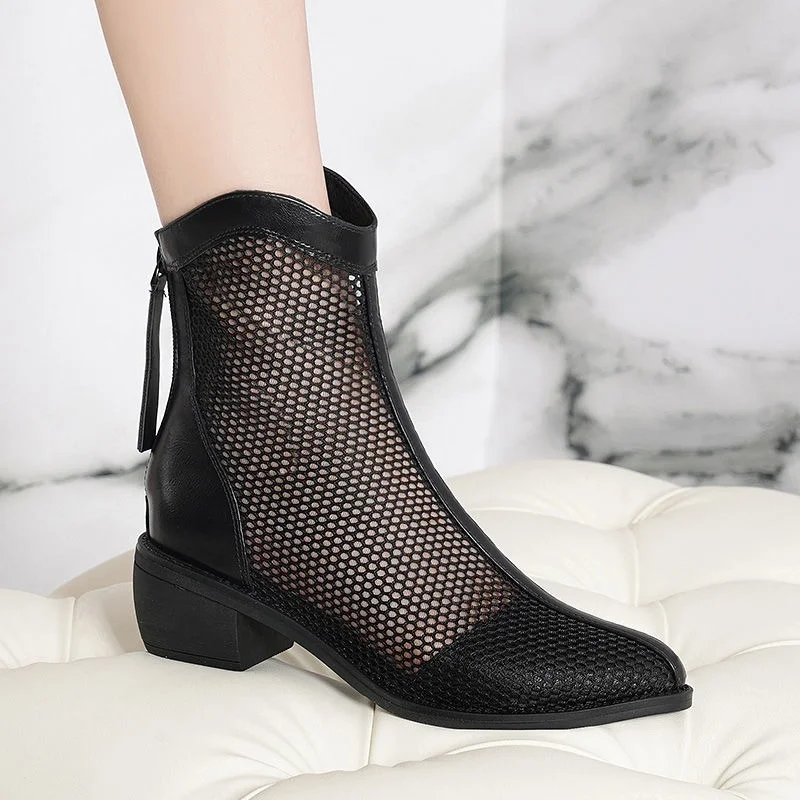 Grid Boots Women\'s New Thick-heeled Boots Summer Thin Boots Woman Hollow Hollow Net Shoes Breathable Short Boots Sexy