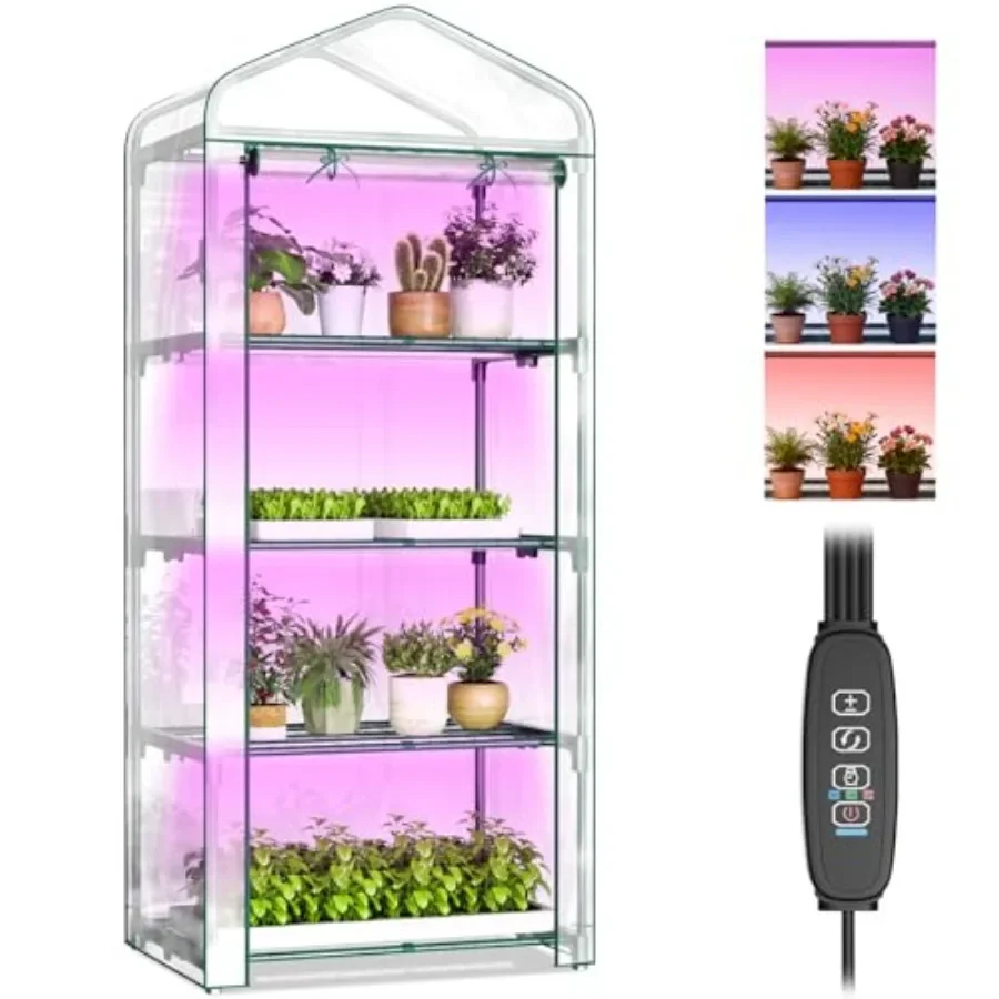 Indoor Greenhouse with Grow Light, 4-Tier Mini Greenhouse for Home Gardening, Steel Frame with Clear PVC Cover, Green, Space-Sa