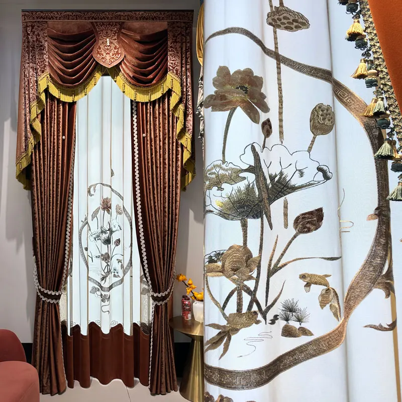 Custom European luxury classical shading bronzing velvet red bedroom livingroom cloth blackout curtain tulle valance drape M1737