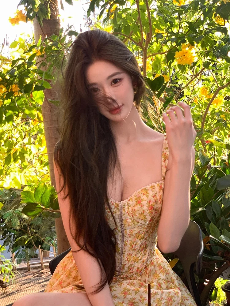 

Vacation Style Rose Print Sexy Waist-Cinching Long Dress Women's Luxury Gown City Walk Street Style Spring Summer Autumn Dress