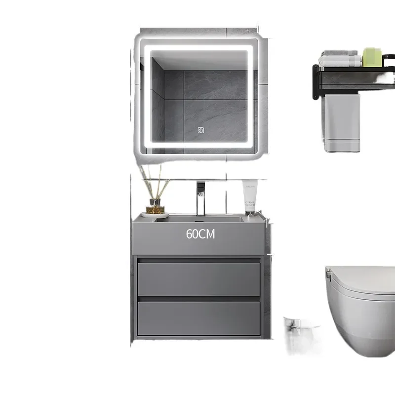 Modern Nano Rock Slab Bathroom Vanity with Integrated Sink Light Luxury Wall Mounted Washbasin Cabinet Combo for Home Decor