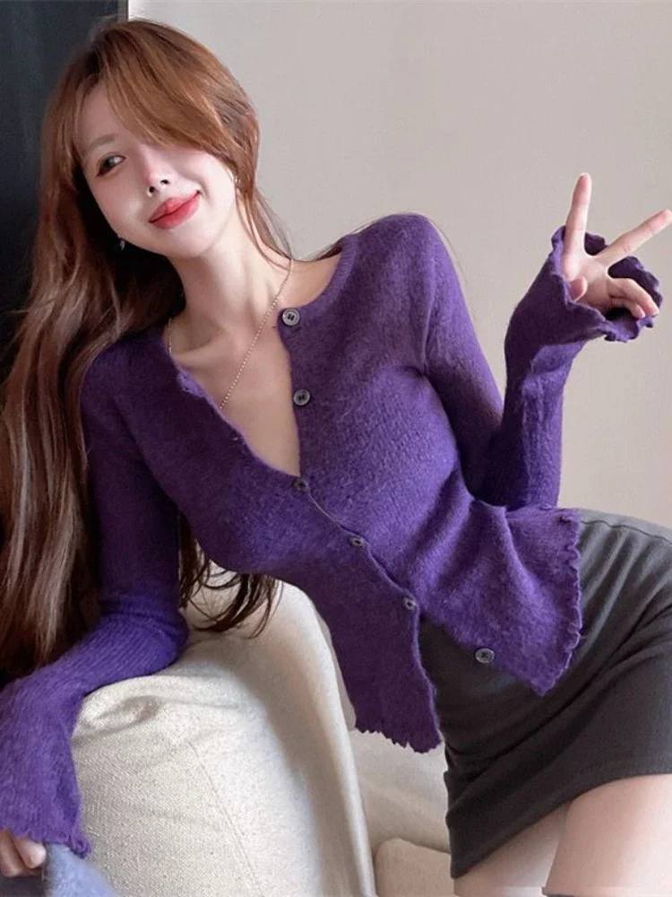 Korean Fashion Solid Slim Knitted Cardigan 2024 O Neck Single Breasted Sweater Autumn Y2k Aesthetic Long Sleeve Sexy Tops