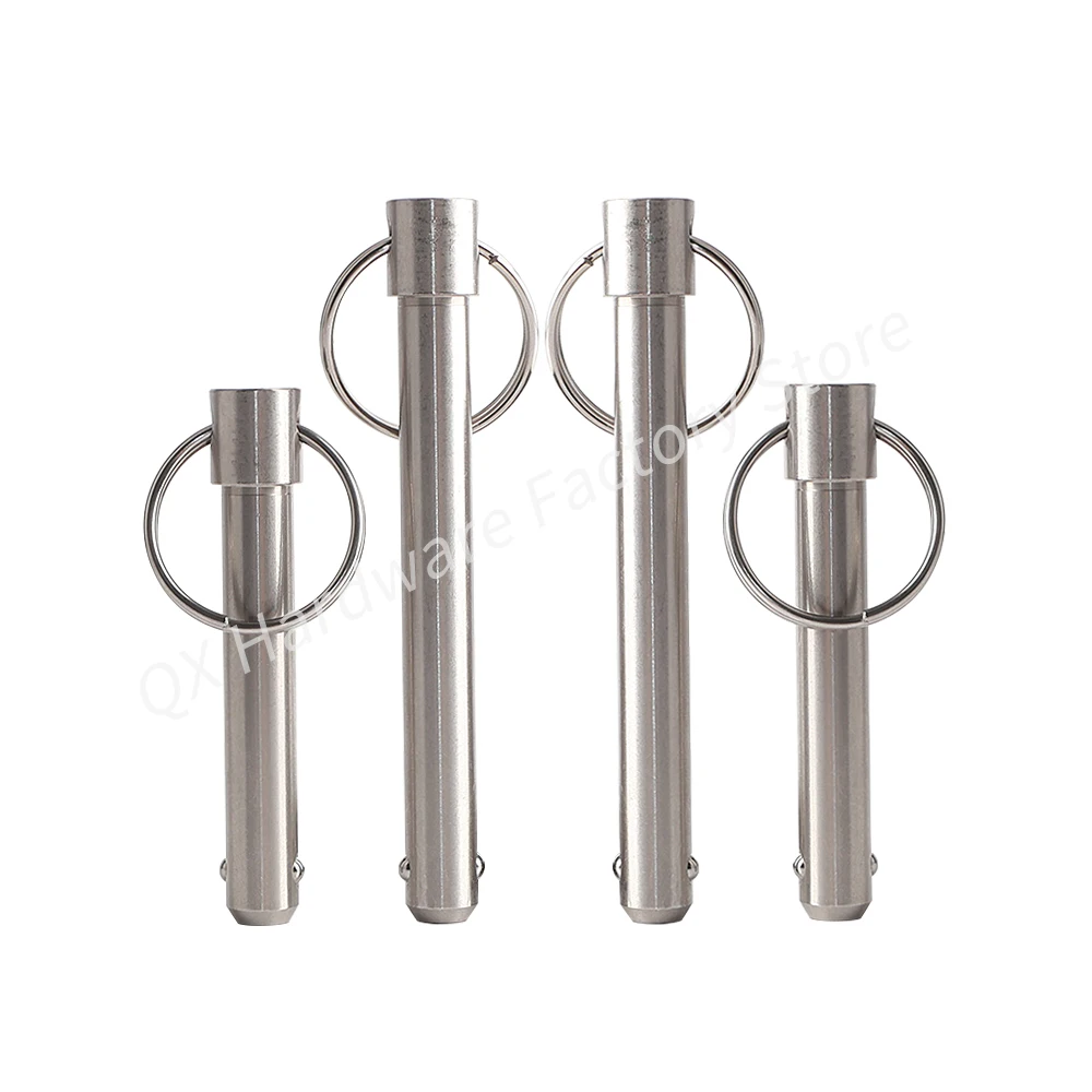 Todo o aço inoxidável Ball Lock Pin, localizar pinos, tipo de anel, pino de mola sólida, liberar rapidamente, comprimento 10 ~ 100mm, QX114