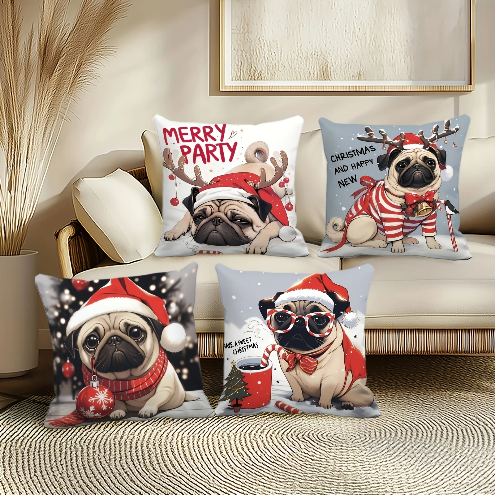 4Pcs Double‑Sided Christmas Pug Pillow Covers, Santa Hat Reindeer Horns Candy Cane Hot Drink Print, Zipper Cushion Cases