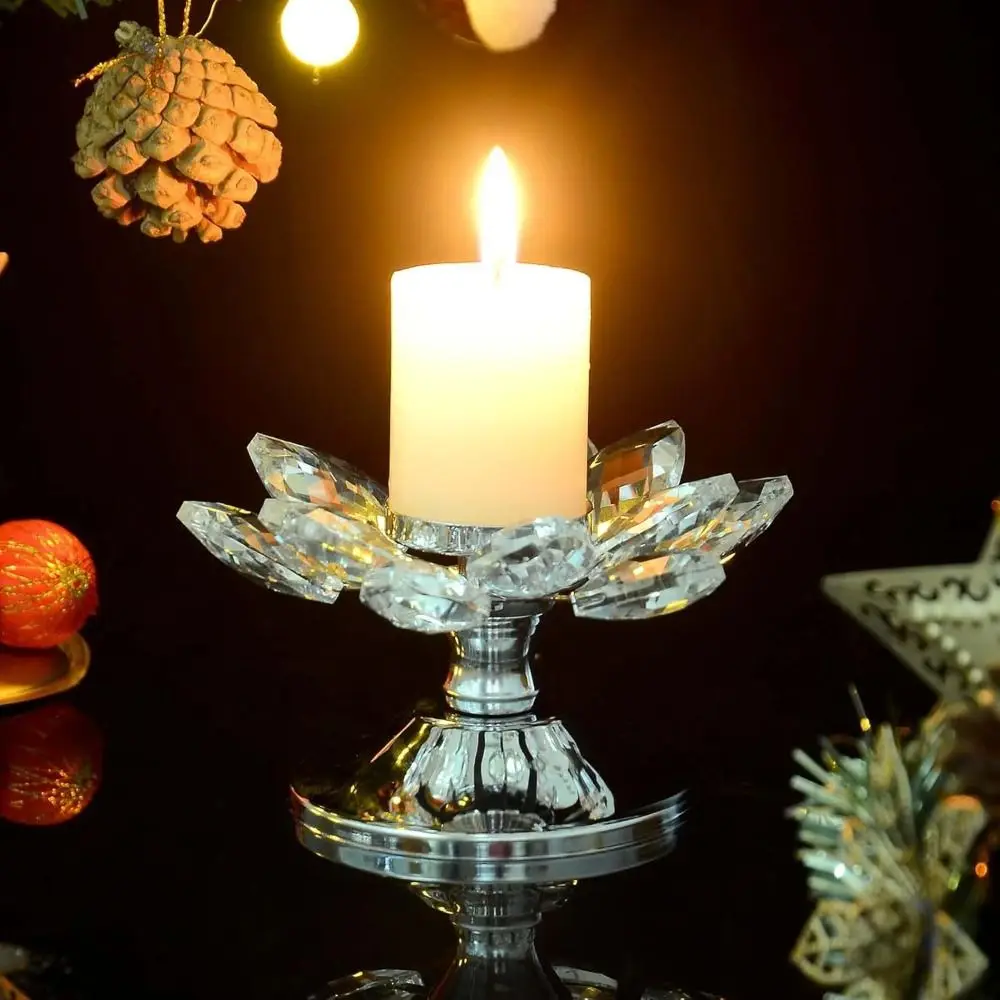 Metal Base Lotus Candle Holder Non-slip Flat Bottom Transparent Candle Tray Romantic Gold/Silver Clear Flower Candles Stand