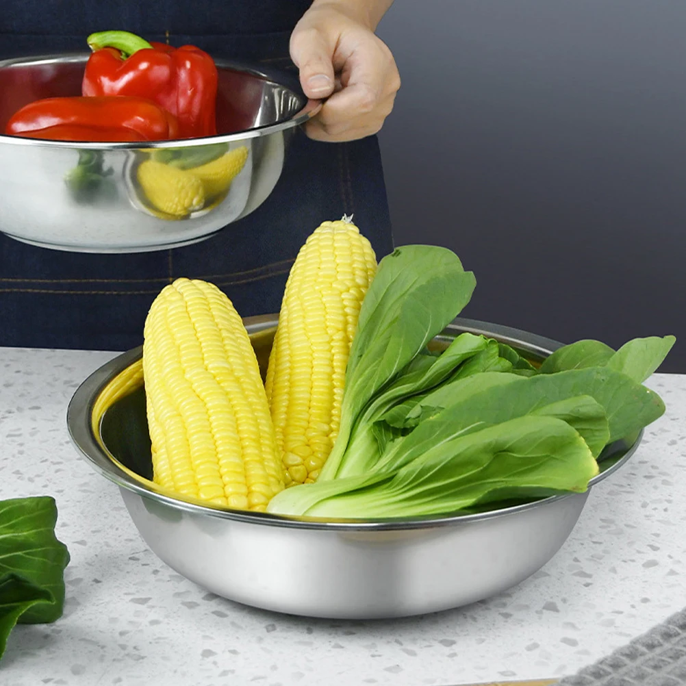 

2pcs Stainless Steel Basin Large Mixing Bowl Kitchen Accessory Thick Metal Washing Basin For Vegetables Rice Dough Household Use