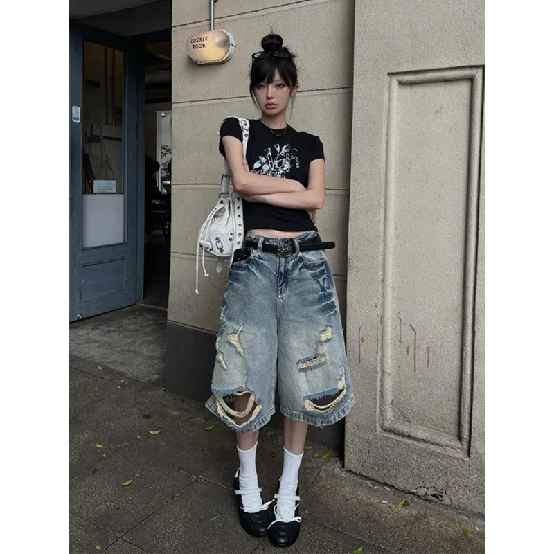 

Women's Retro Street Washed Ripped Denim Shorts Summer New Straight Loose American Wide Leg Five-Point Pants High Waist