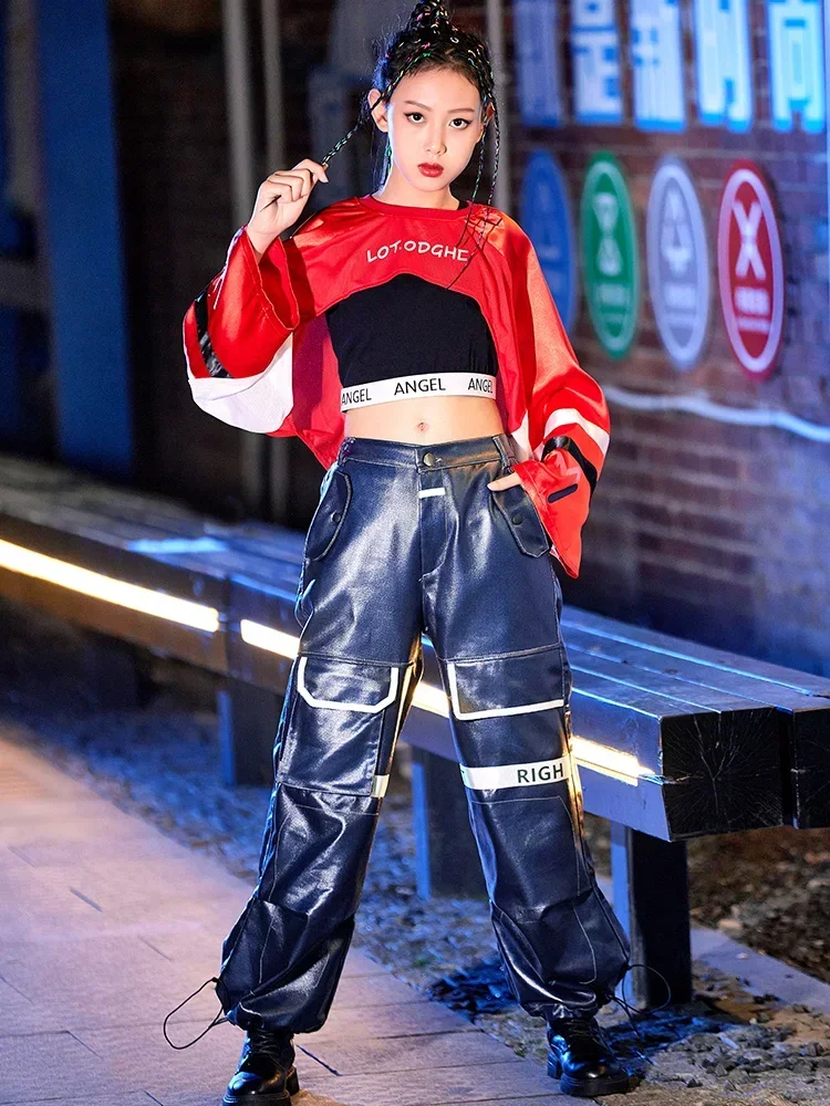 Girls Red Crop Tops Loose Pants Streetwear Kids Jazz Dance Clothes Ballroom Hip Hop Dance Performance Costumes