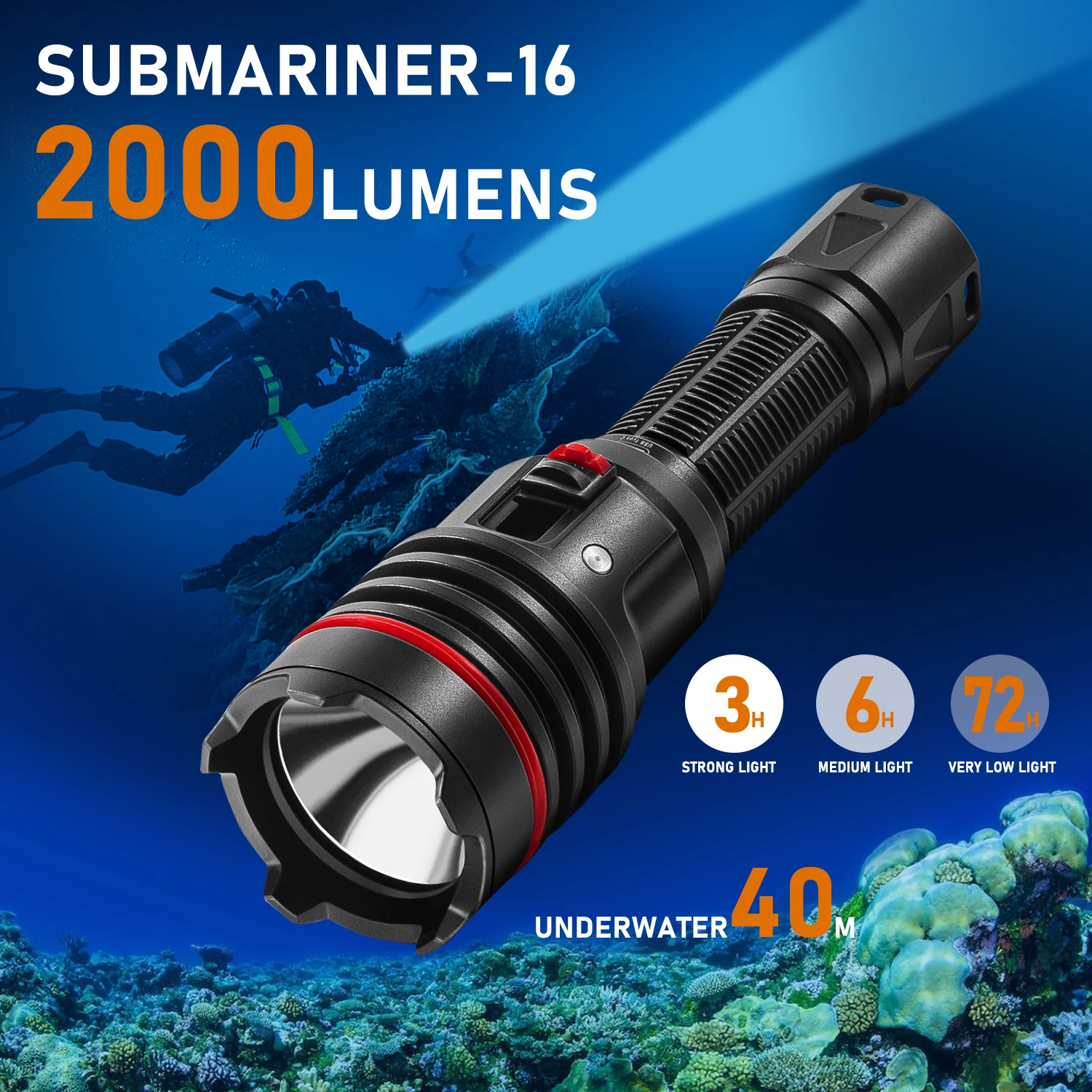 LetonPower diving flashlight underwater light scuba diving flashlight, SM-16 underwater 100M, Type C rechargeable flashlight