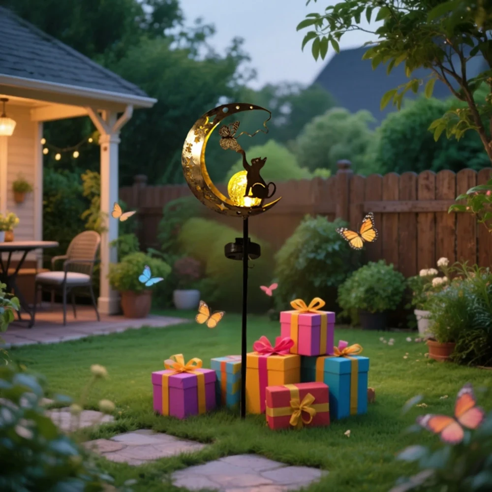 Solar Cat Moon Shaped Iron Lamp Outdoor Garden Decorative Lighting Automatic Sensor Solar Powered Outside Backyard Lights