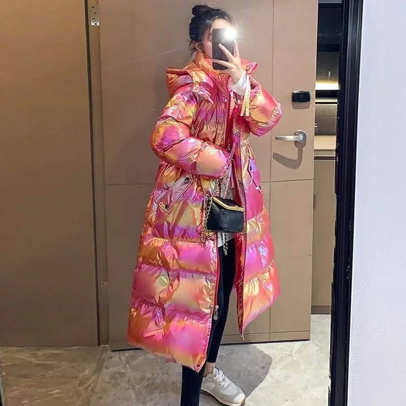 2024 New Winter Women\'s Down Jacket Bright Face Bright Color No-wash Hooded Over The Knee Long Plus Size Thick Padded Jacket